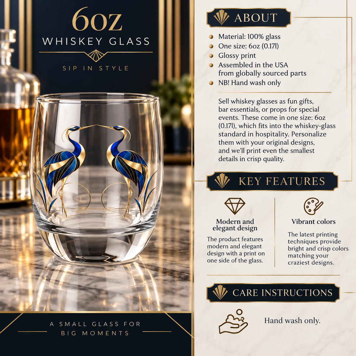 Astralis Noir 6 oz clear whiskey glass featuring an intricate midnight blue and burnished-gold celestial moon, star and orbital design.