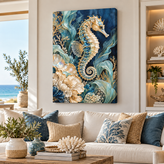 Marée d’Or framed canvas featuring a jeweled seahorse surrounded by aquamarine sea botanicals, pearl ivory flowers, coral and gold details against deep ocean blue.