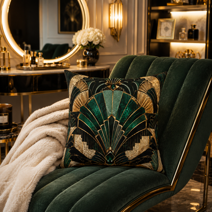 Émeraude Art Deco faux suede decorative pillow with emerald green, black and antique gold geometric fan design styled on a luxury green velvet sofa.