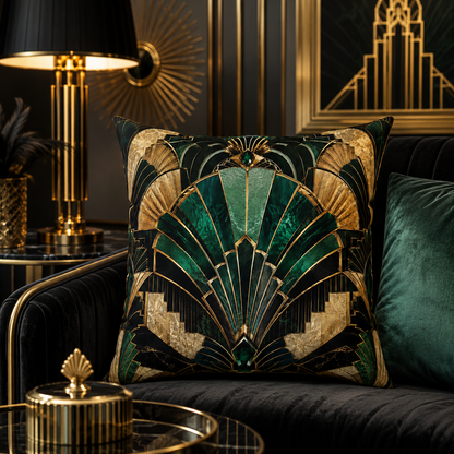 Émeraude Art Deco faux suede decorative pillow with emerald green, black and antique gold geometric fan design styled on a luxury green velvet sofa.