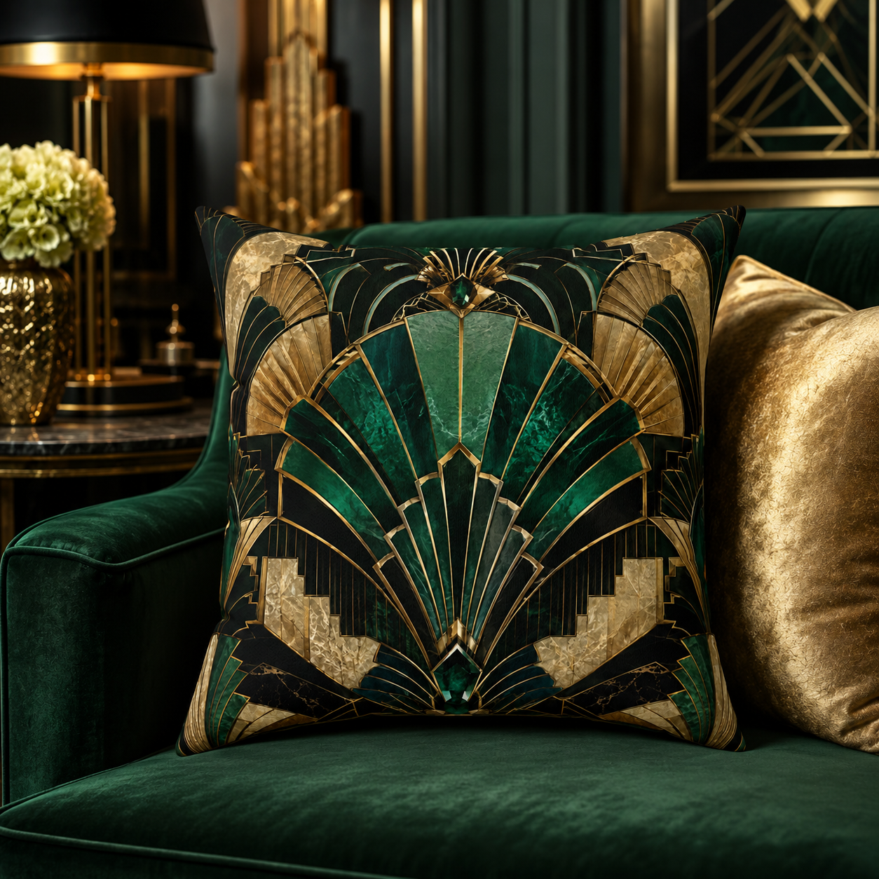 Émeraude Art Deco faux suede decorative pillow with emerald green, black and antique gold geometric fan design styled on a luxury green velvet sofa.