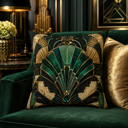 Émeraude Art Deco faux suede decorative pillow with emerald green, black and antique gold geometric fan design styled on a luxury green velvet sofa.