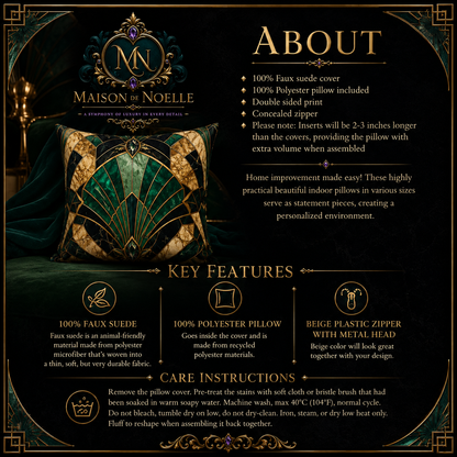 Émeraude Art Deco faux suede decorative pillow with emerald green, black and antique gold geometric fan design styled on a luxury green velvet sofa.