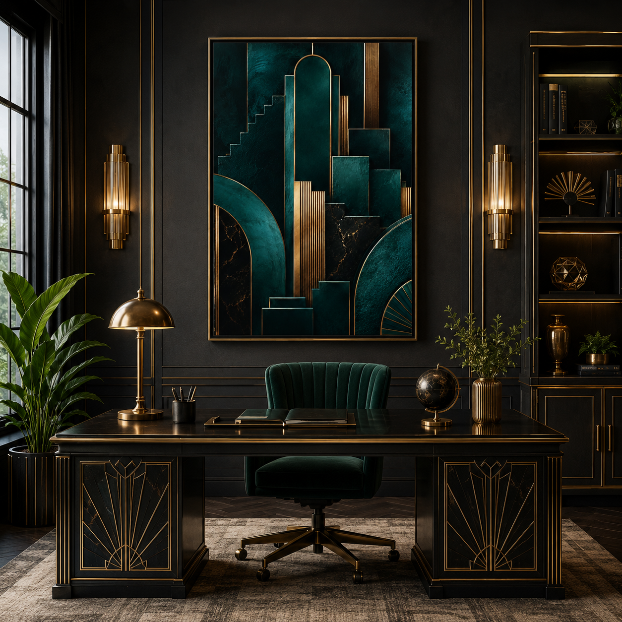 Élan Art Deco framed canvas wall art featuring deep teal geometric architecture, stepped forms, black marble details and metallic gold accents.