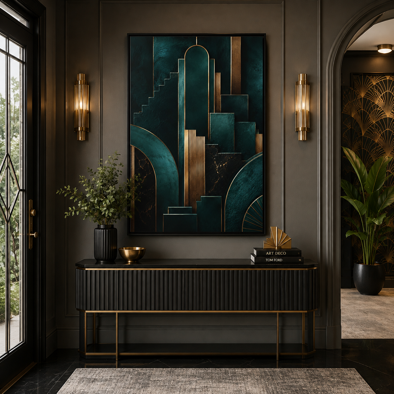 Élan Art Deco framed canvas wall art featuring deep teal geometric architecture, stepped forms, black marble details and metallic gold accents.