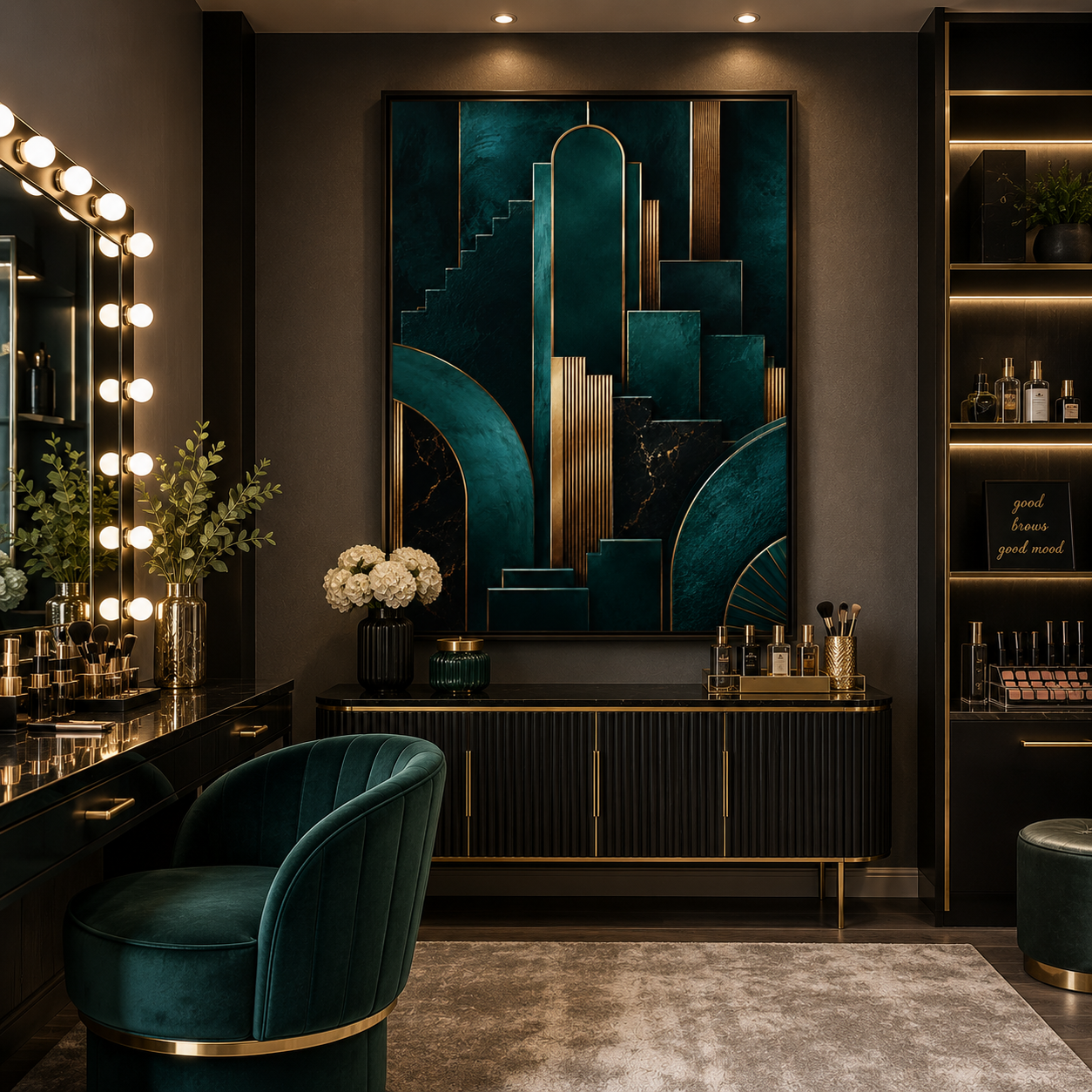 Élan Art Deco framed canvas wall art featuring deep teal geometric architecture, stepped forms, black marble details and metallic gold accents.