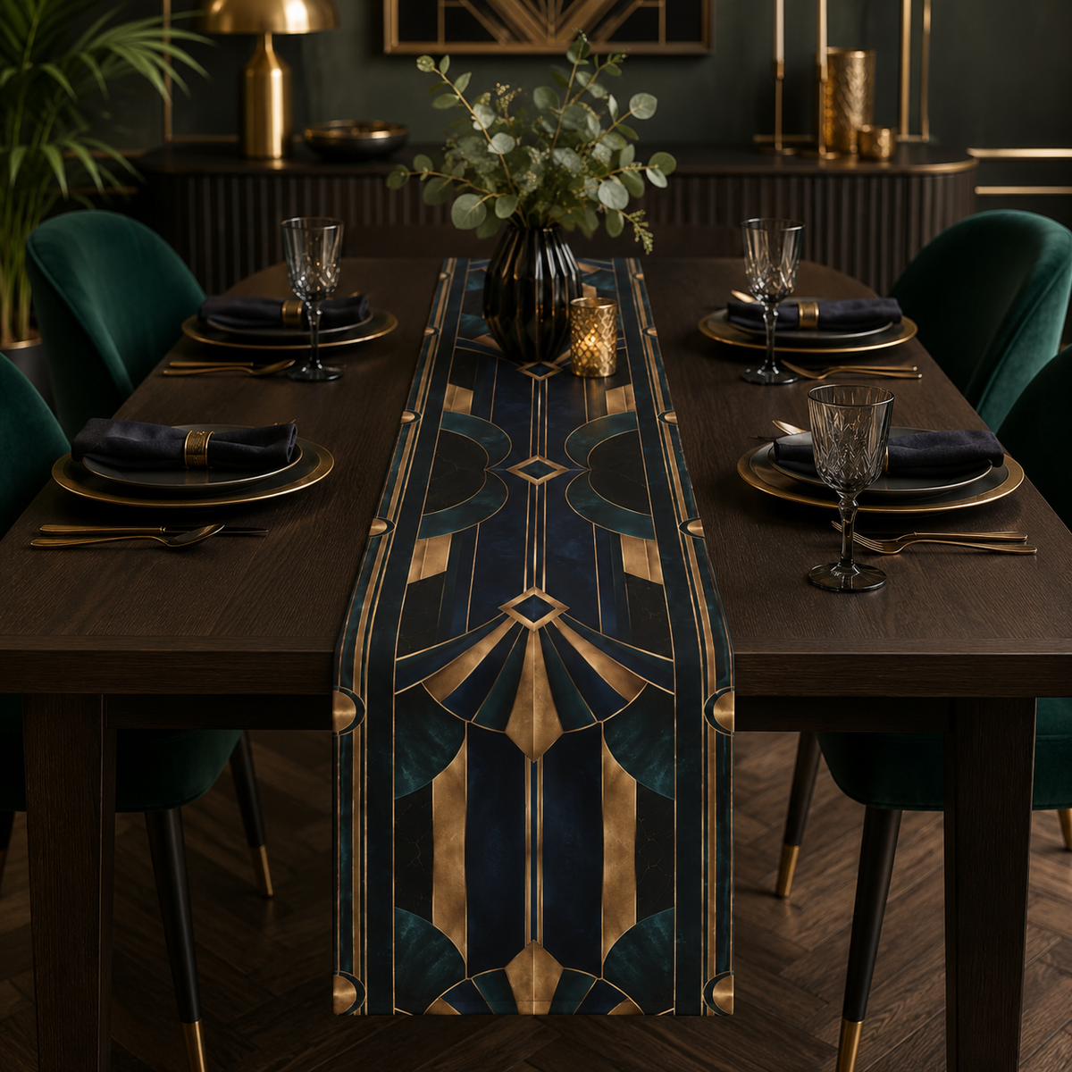 Valentina Art Deco table runner in deep teal, navy, black and antique gold with geometric fan motifs styled on an elegant dining table.