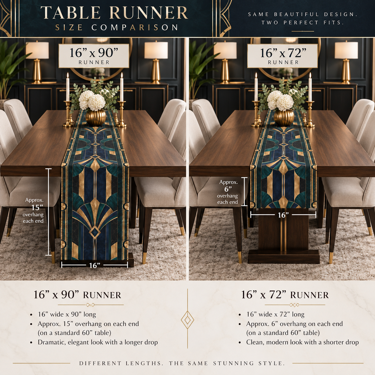 Valentina Art Deco table runner in deep teal, navy, black and antique gold with geometric fan motifs styled on an elegant dining table.