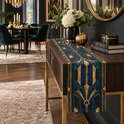 Valentina Art Deco table runner in deep teal, navy, black and antique gold with geometric fan motifs styled on an elegant dining table.