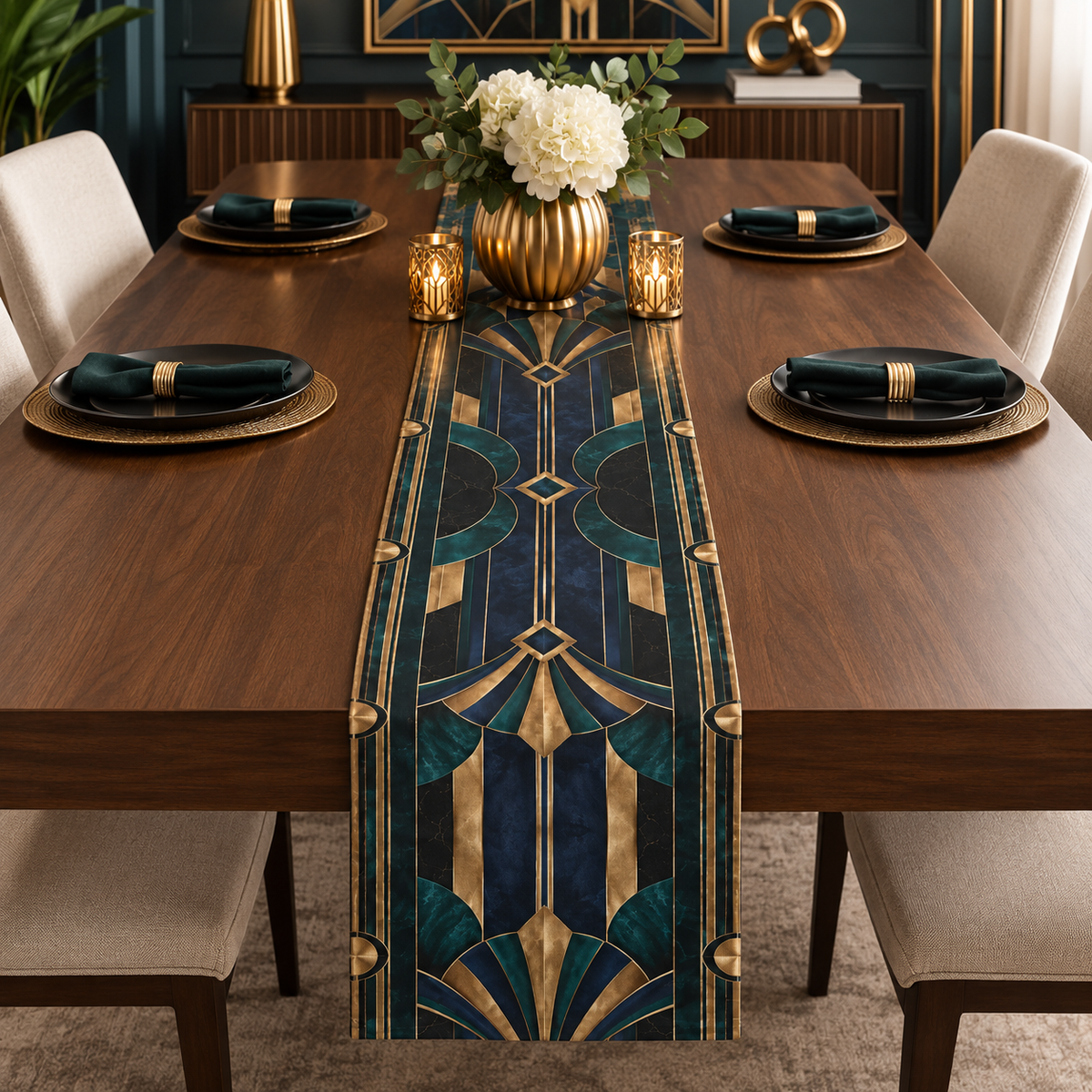 Valentina Art Deco table runner in deep teal, navy, black and antique gold with geometric fan motifs styled on an elegant dining table.