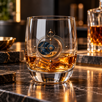Astralis Noir 6 oz clear whiskey glass featuring an intricate midnight blue and burnished-gold celestial moon, star and orbital design.