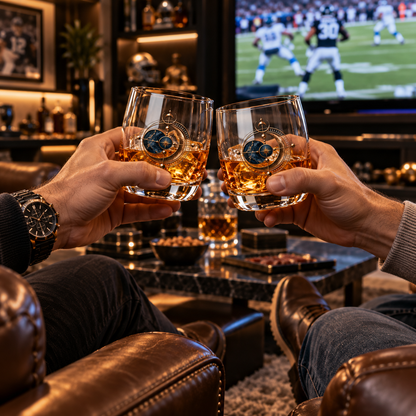 Astralis Noir 6 oz clear whiskey glass featuring an intricate midnight blue and burnished-gold celestial moon, star and orbital design.
