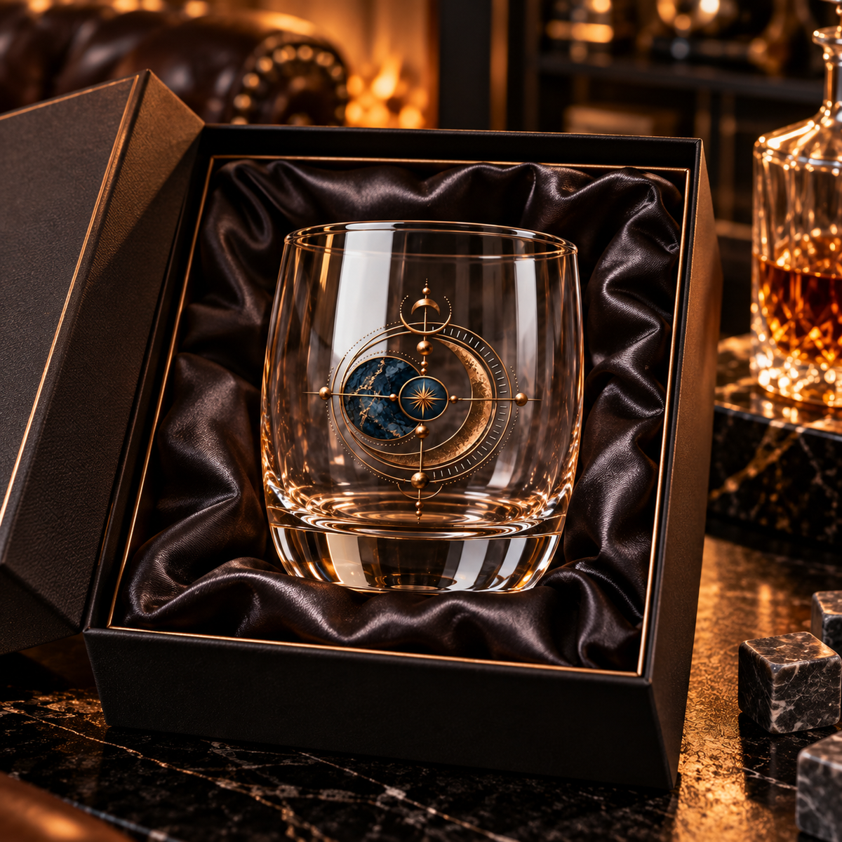 Astralis Noir 6 oz clear whiskey glass featuring an intricate midnight blue and burnished-gold celestial moon, star and orbital design.