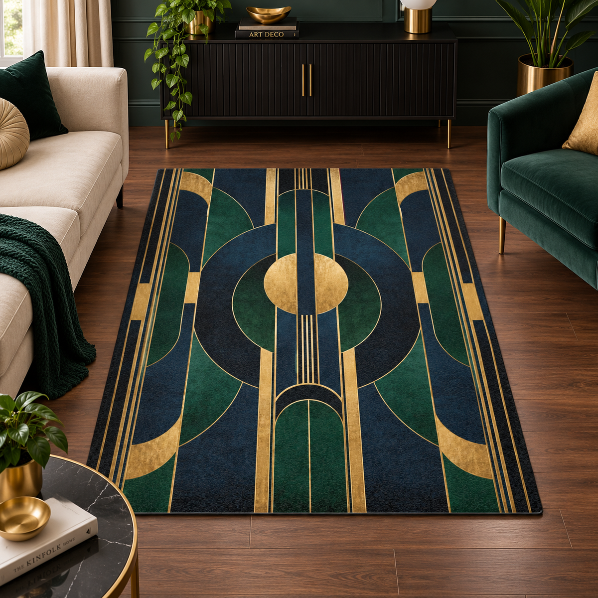 Beaumont Art Deco area rug featuring symmetrical emerald green, deep navy and antique gold geometric arches and circular detailing.