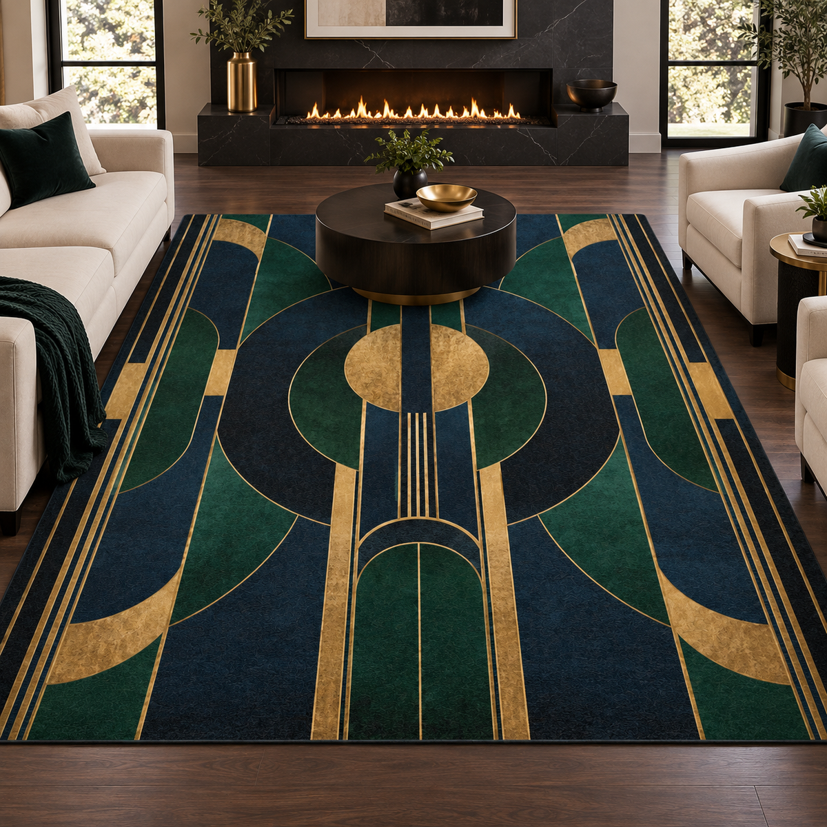 Beaumont Art Deco area rug featuring symmetrical emerald green, deep navy and antique gold geometric arches and circular detailing.