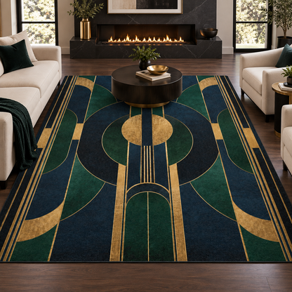 Beaumont Art Deco area rug featuring symmetrical emerald green, deep navy and antique gold geometric arches and circular detailing.