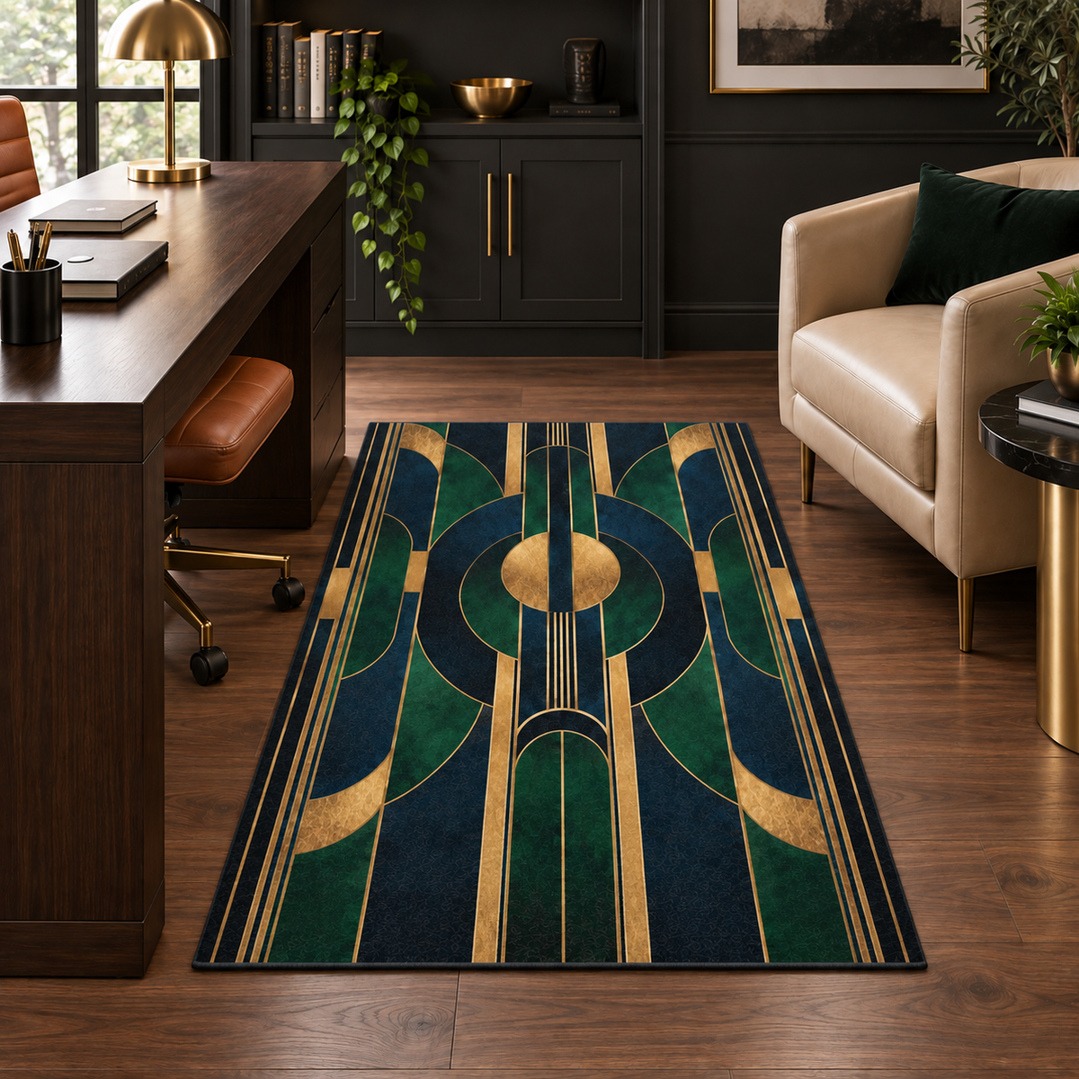 Beaumont Art Deco area rug featuring symmetrical emerald green, deep navy and antique gold geometric arches and circular detailing.