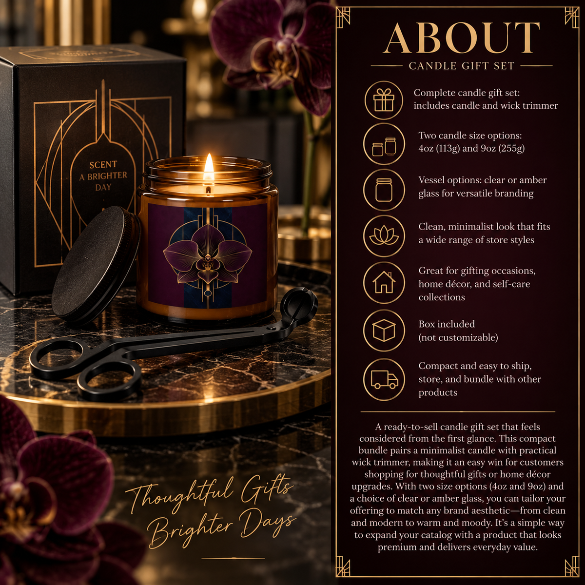 Nocturne Gambit Urban Noir candle in an amber jar featuring a metallic chess knight surrounded by deep wine florals and teal foliage, displayed with a black wick trimmer.