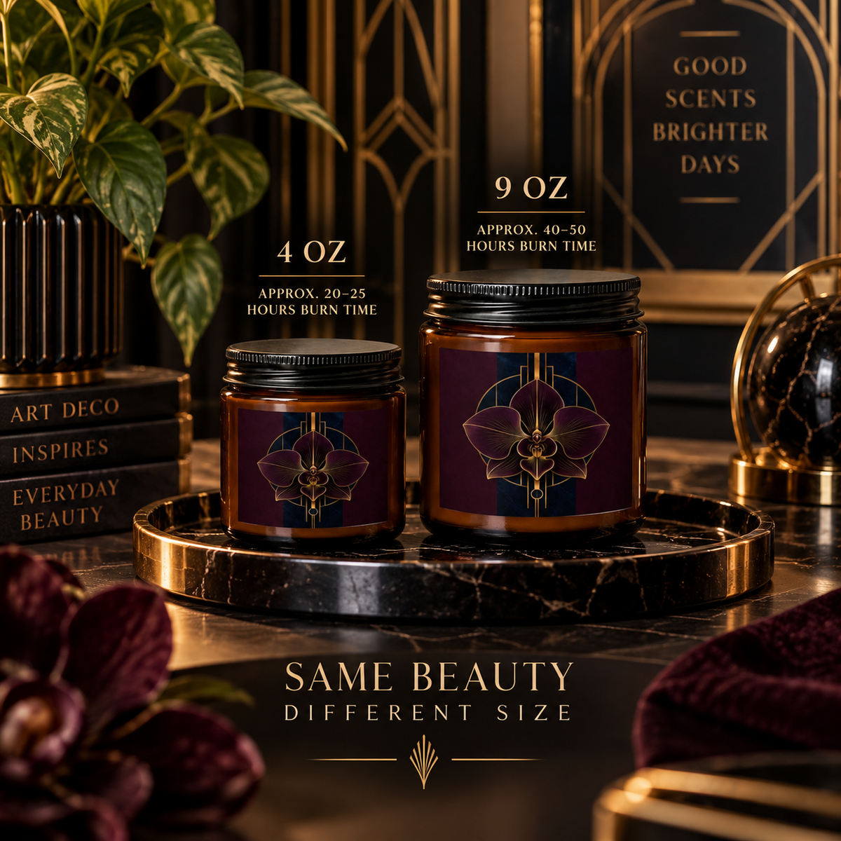 Améthyste Art Deco candle in amber jar featuring a plum orchid, midnight navy and antique gold label, displayed with an included black wick trimmer.