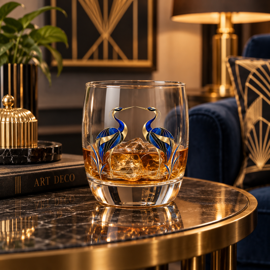 Céleste 6 oz Art Deco whiskey glass featuring mirrored sapphire blue, black and champagne-gold crane artwork on clear glass.