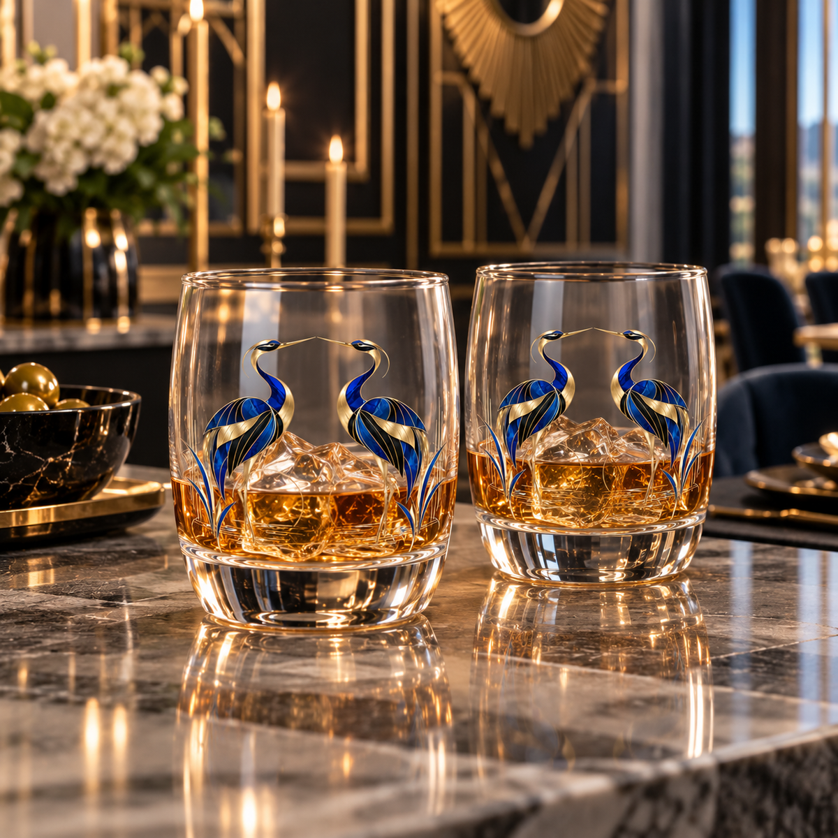 Céleste 6 oz Art Deco whiskey glass featuring mirrored sapphire blue, black and champagne-gold crane artwork on clear glass.