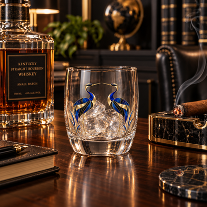 Céleste 6 oz Art Deco whiskey glass featuring mirrored sapphire blue, black and champagne-gold crane artwork on clear glass.