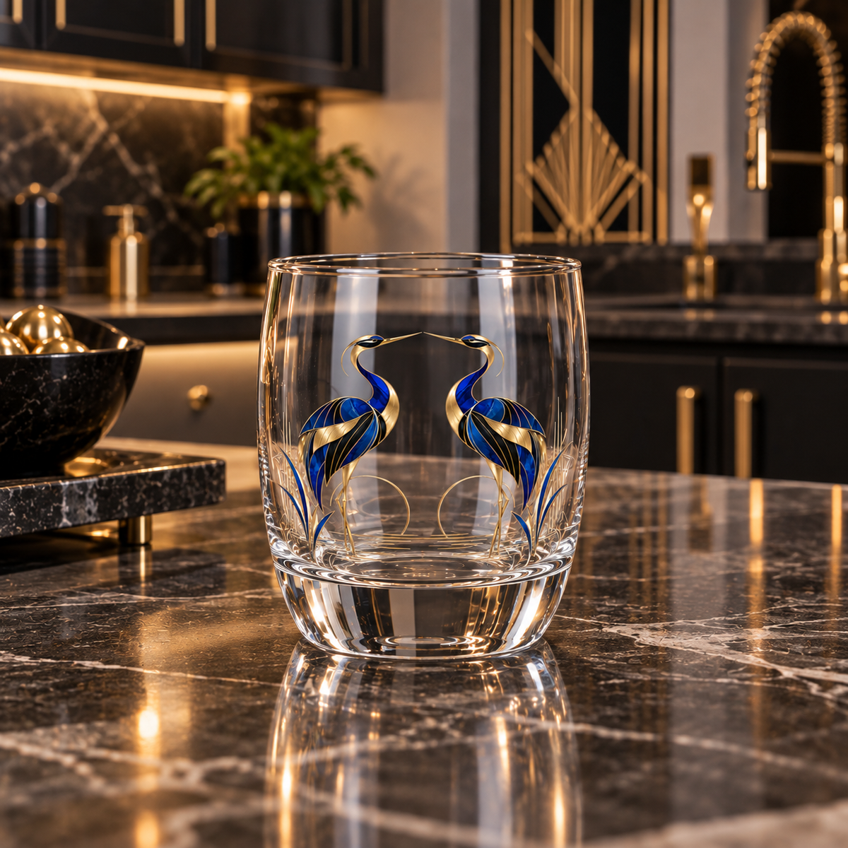Céleste 6 oz Art Deco whiskey glass featuring mirrored sapphire blue, black and champagne-gold crane artwork on clear glass.