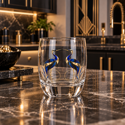 Céleste 6 oz Art Deco whiskey glass featuring mirrored sapphire blue, black and champagne-gold crane artwork on clear glass.