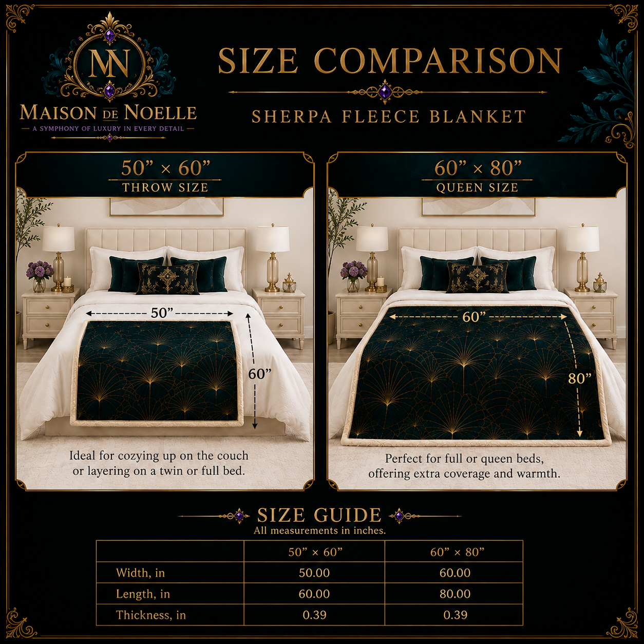 Aurélie Art Deco Sherpa fleece blanket featuring champagne gold orchids with black, ivory and antique gold geometric botanical artwork.