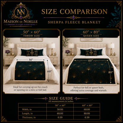 Aurélie Art Deco Sherpa fleece blanket featuring champagne gold orchids with black, ivory and antique gold geometric botanical artwork.
