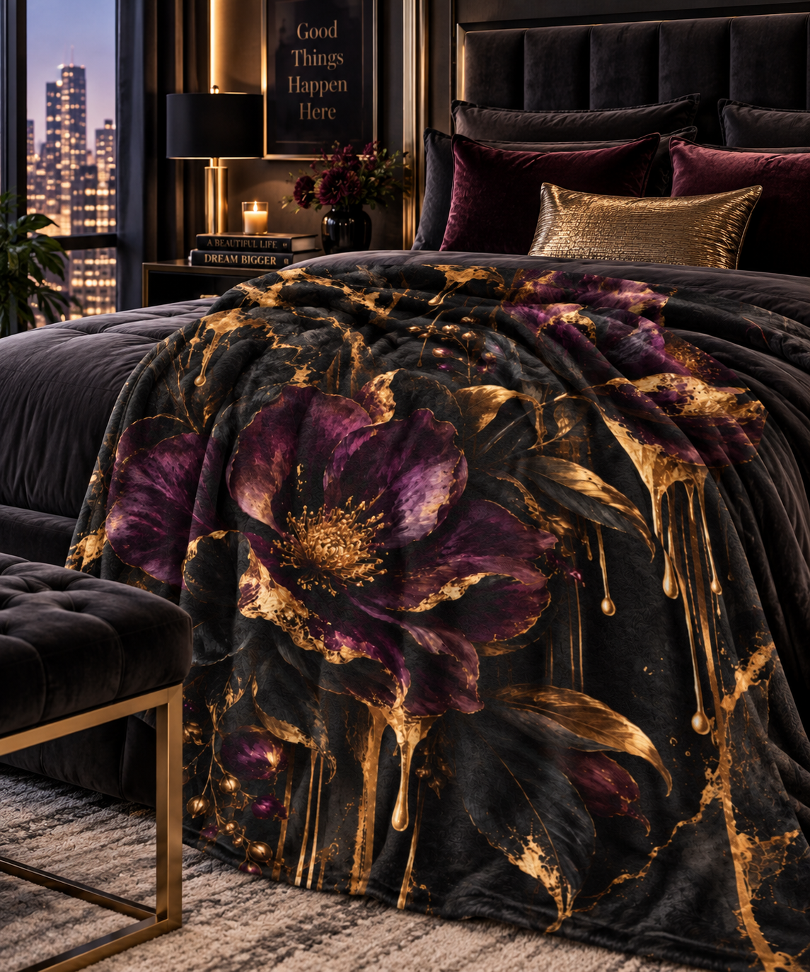 Vesper Bloom velveteen plush blanket featuring oversized deep plum and black flowers with gilded leaves, gold drips and dark marble-inspired accents.