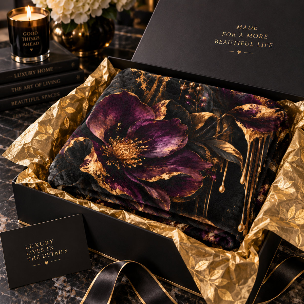 Vesper Bloom velveteen plush blanket featuring oversized deep plum and black flowers with gilded leaves, gold drips and dark marble-inspired accents.