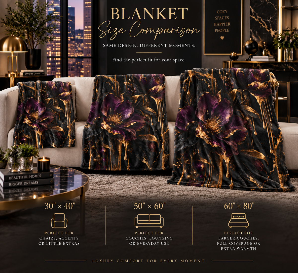 Vesper Bloom velveteen plush blanket featuring oversized deep plum and black flowers with gilded leaves, gold drips and dark marble-inspired accents.