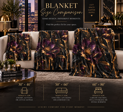 Vesper Bloom velveteen plush blanket featuring oversized deep plum and black flowers with gilded leaves, gold drips and dark marble-inspired accents.