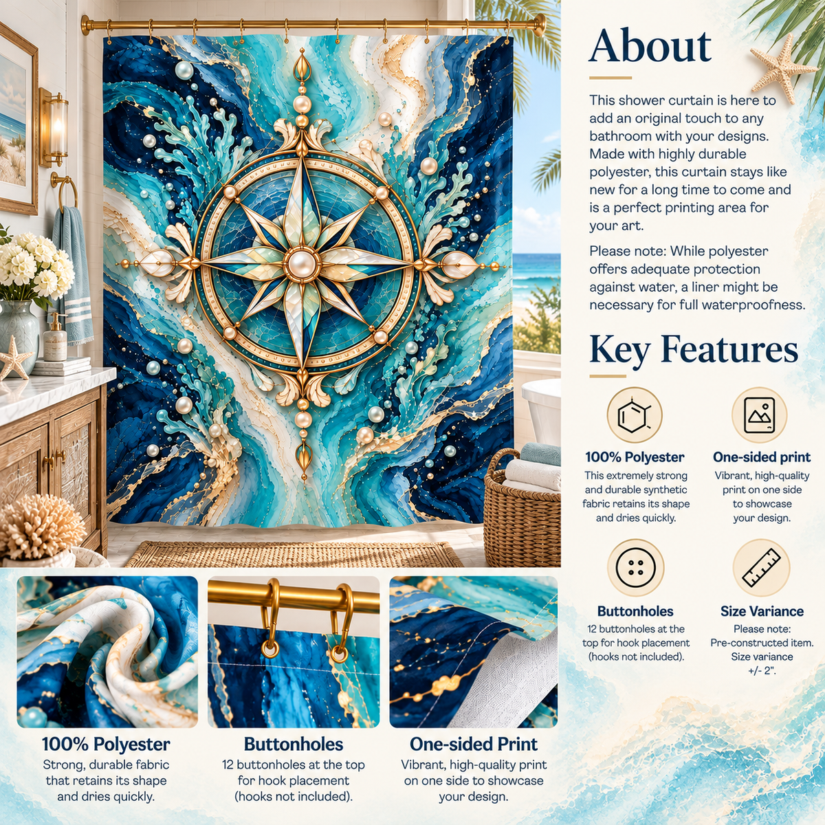 Étoile Nautique luxury coastal shower curtain featuring an ornate pearl and gold compass rose surrounded by swirling ocean blue, aquamarine and ivory waves.