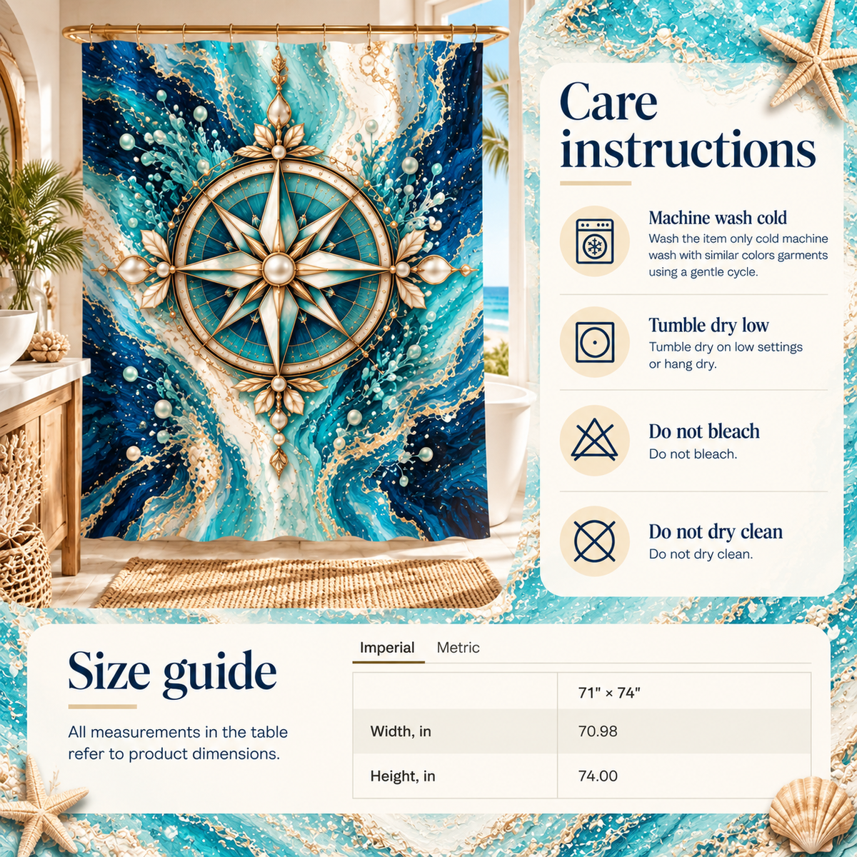 Étoile Nautique luxury coastal shower curtain featuring an ornate pearl and gold compass rose surrounded by swirling ocean blue, aquamarine and ivory waves.