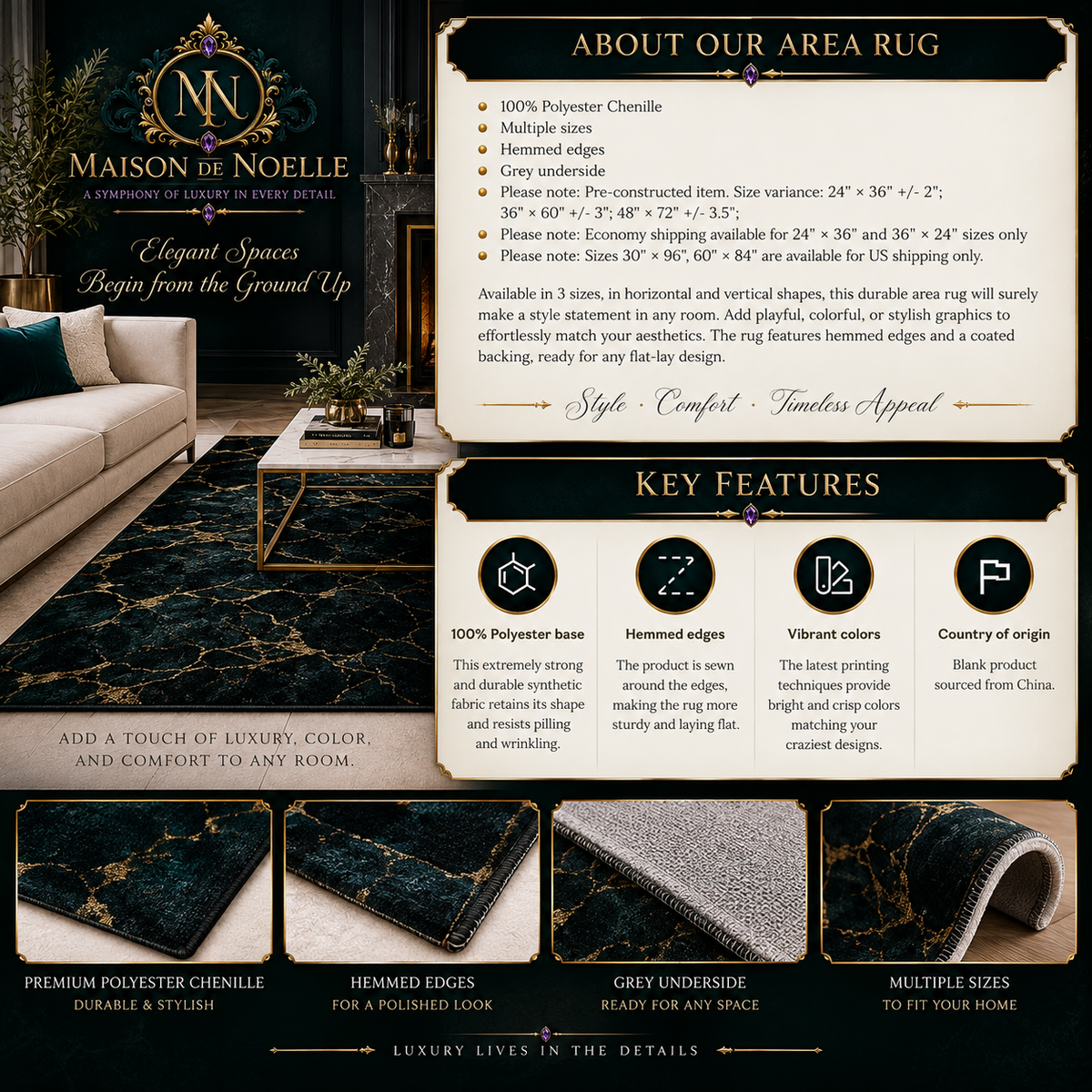 Beaumont Art Deco area rug featuring symmetrical emerald green, deep navy and antique gold geometric arches and circular detailing.