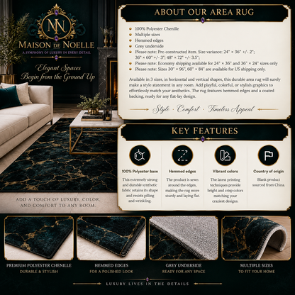 Beaumont Art Deco area rug featuring symmetrical emerald green, deep navy and antique gold geometric arches and circular detailing.