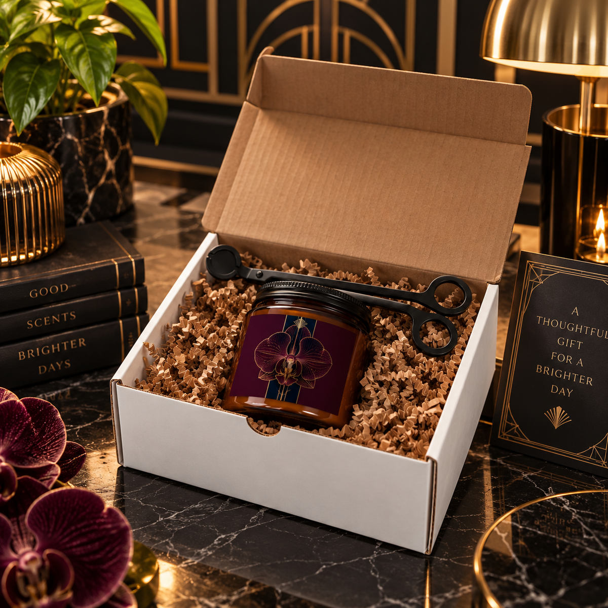 Améthyste Art Deco candle in amber jar featuring a plum orchid, midnight navy and antique gold label, displayed with an included black wick trimmer.
