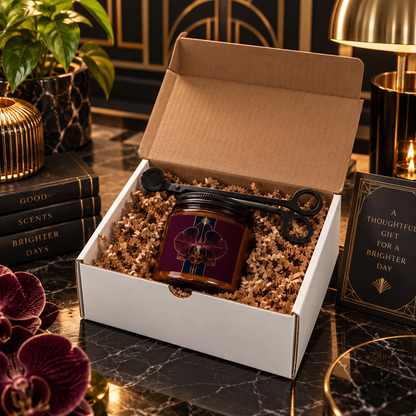 Améthyste Art Deco candle in amber jar featuring a plum orchid, midnight navy and antique gold label, displayed with an included black wick trimmer.