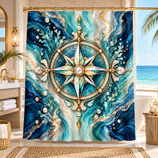 Étoile Nautique luxury coastal shower curtain featuring an ornate pearl and gold compass rose surrounded by swirling ocean blue, aquamarine and ivory waves.