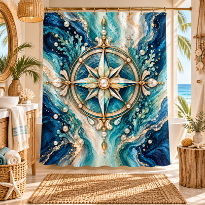 Étoile Nautique luxury coastal shower curtain featuring an ornate pearl and gold compass rose surrounded by swirling ocean blue, aquamarine and ivory waves.