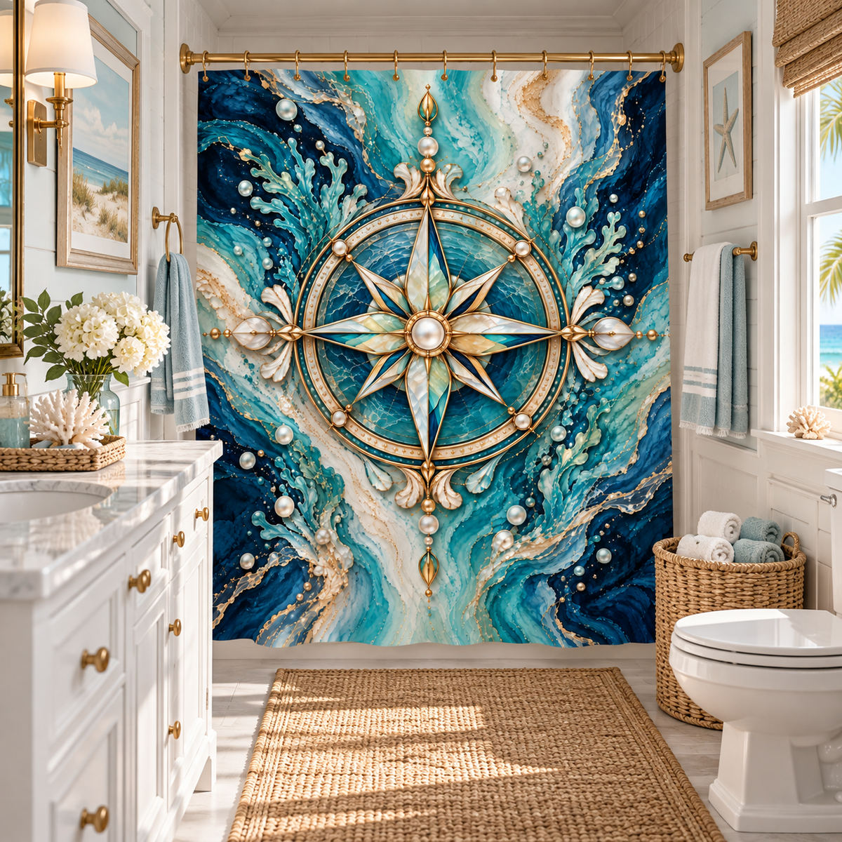 Étoile Nautique luxury coastal shower curtain featuring an ornate pearl and gold compass rose surrounded by swirling ocean blue, aquamarine and ivory waves.