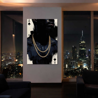Luxury Ace of Spades stretched canvas wall art featuring a monochromatic portrait with layered gold chains, designed for modern masculine living rooms, offices, and upscale interiors.