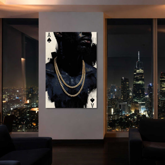 Luxury Ace of Spades stretched canvas wall art featuring a monochromatic portrait with layered gold chains, designed for modern masculine living rooms, offices, and upscale interiors.