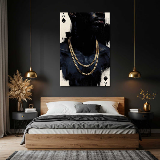 Luxury Ace of Spades stretched canvas wall art featuring a monochromatic portrait with layered gold chains, designed for modern masculine living rooms, offices, and upscale interiors.