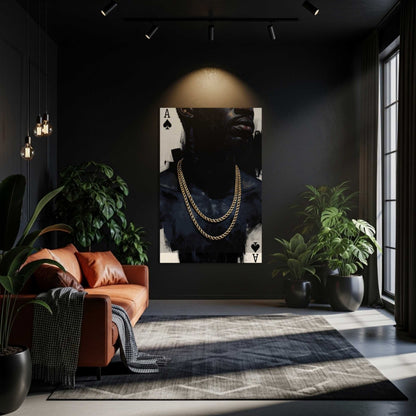 Luxury Ace of Spades stretched canvas wall art featuring a monochromatic portrait with layered gold chains, designed for modern masculine living rooms, offices, and upscale interiors.