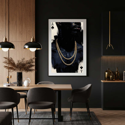 Luxury Ace of Spades stretched canvas wall art featuring a monochromatic portrait with layered gold chains, designed for modern masculine living rooms, offices, and upscale interiors.