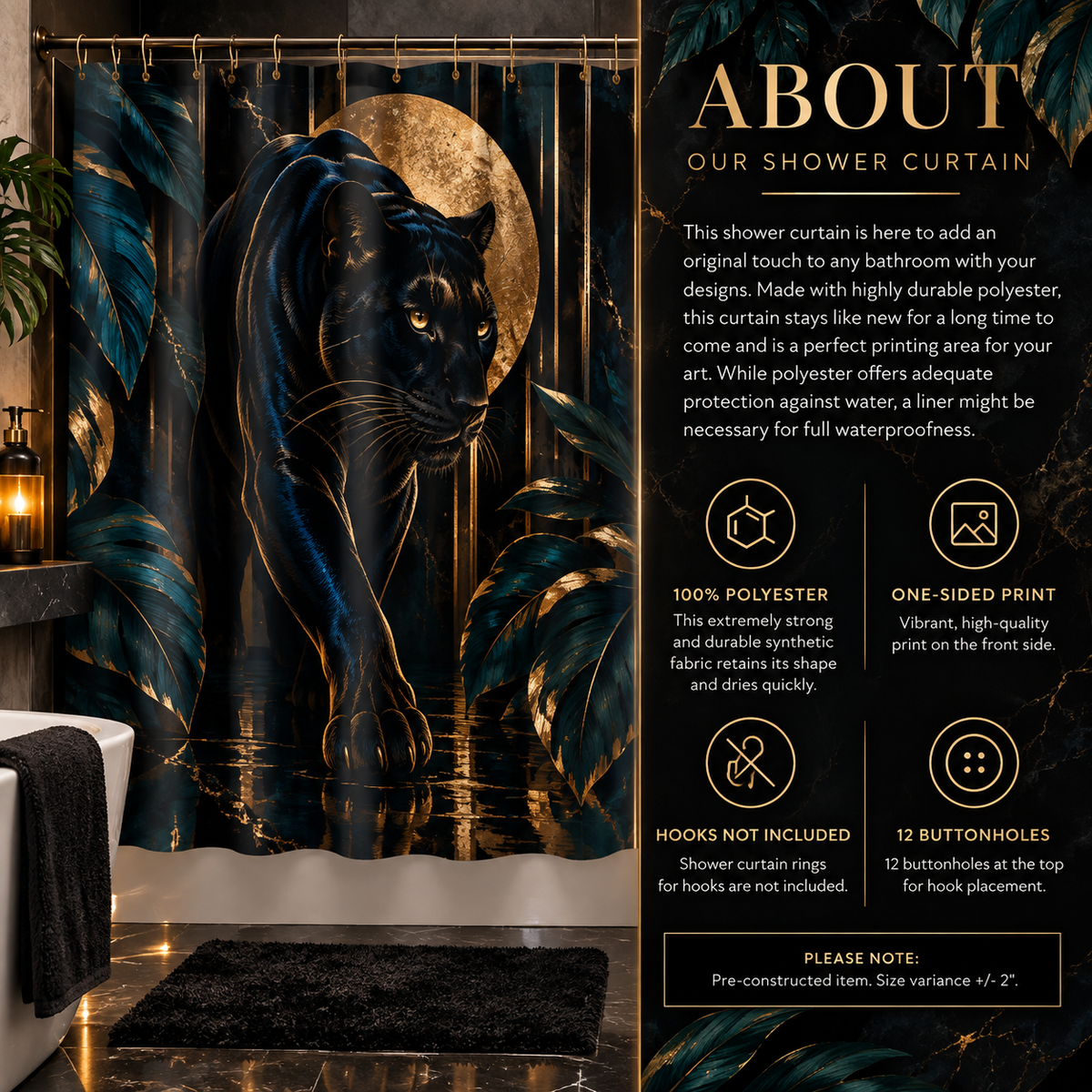 Obsidian Panther luxury shower curtain artwork featuring a black panther surrounded by deep teal tropical foliage, a textured gold moon and black marble-inspired detailing.