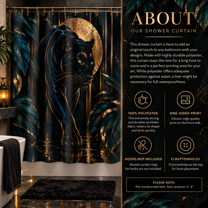 Obsidian Panther luxury shower curtain artwork featuring a black panther surrounded by deep teal tropical foliage, a textured gold moon and black marble-inspired detailing.
